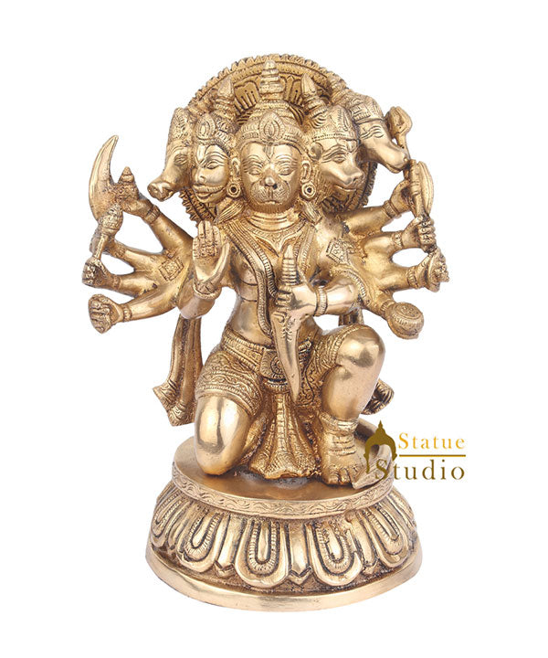 Brass Handicraft Indian Hindu God Panchmukhi Hanuman Round Base Statue 11"