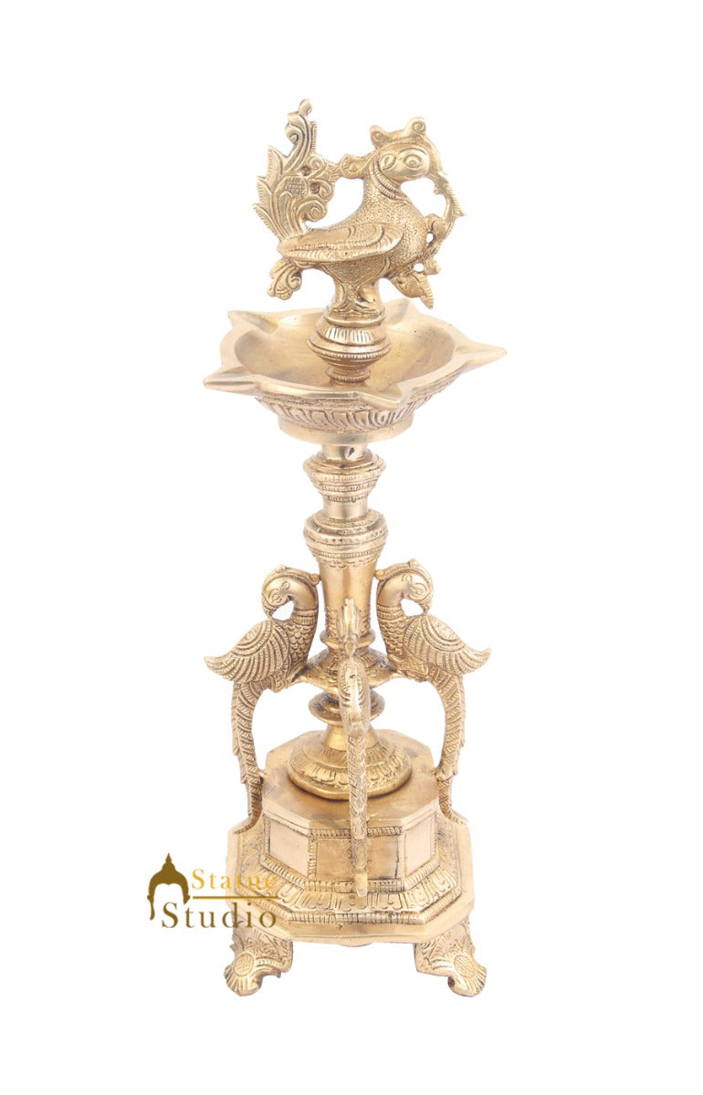 South Indian Style Brass Bird Oil Diya Lamp Stand Diwali Gifting Décor 13"