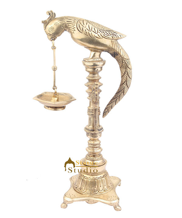 South Indian Style Brass Bird Oil Diya Lamp Stand Diwali Wedding Gifting 17"