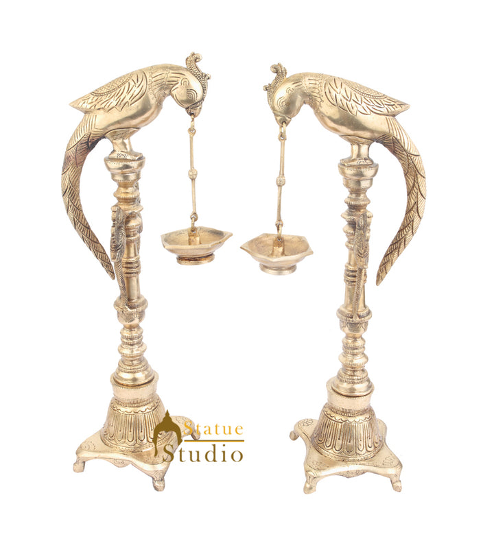 South Indian Style Brass Bird Oil Diya Lamp Pair Stand Diwali Wedding Gift 17"