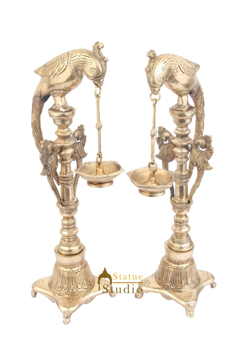 South Indian Style Brass Bird Oil Diya Lamp Pair Stand Diwali Wedding Gift 17"