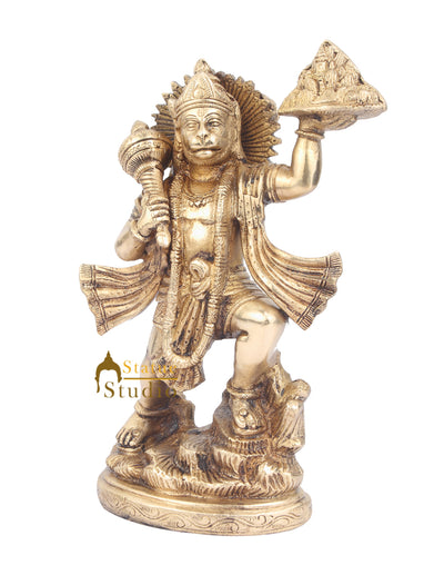 Brass Handicraft Indian Hindu God Lord Hanuman Carrying Mountain Idol 10"