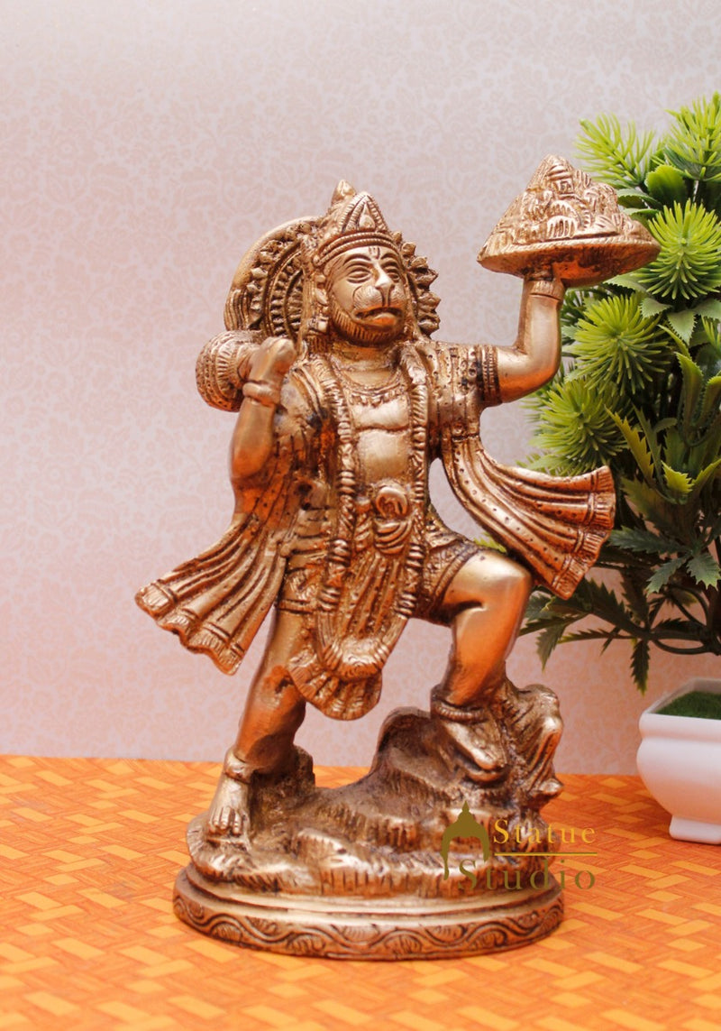 Brass Handicraft Indian Hindu God Lord Hanuman Carrying Mountain Idol 10"