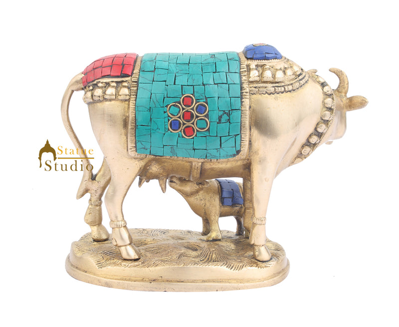 Indian Vintage Handicraft Hindu Sacred Holy Cow Calf Religious Inlay Decor 5"