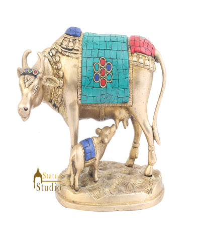 Indian Vintage Handicraft Hindu Sacred Holy Cow Calf Religious Inlay Decor 5"