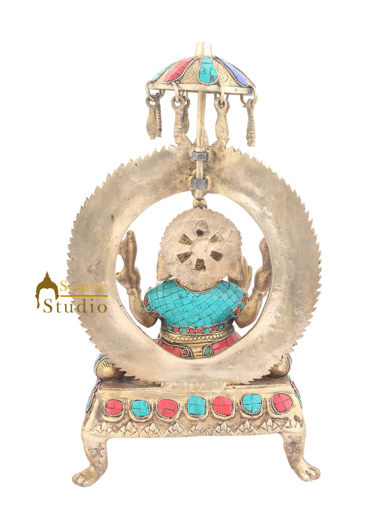 Indian Brass Home Vastu Décor Ganpati Murti Ganesh Turquoise Coral Inlay 16"