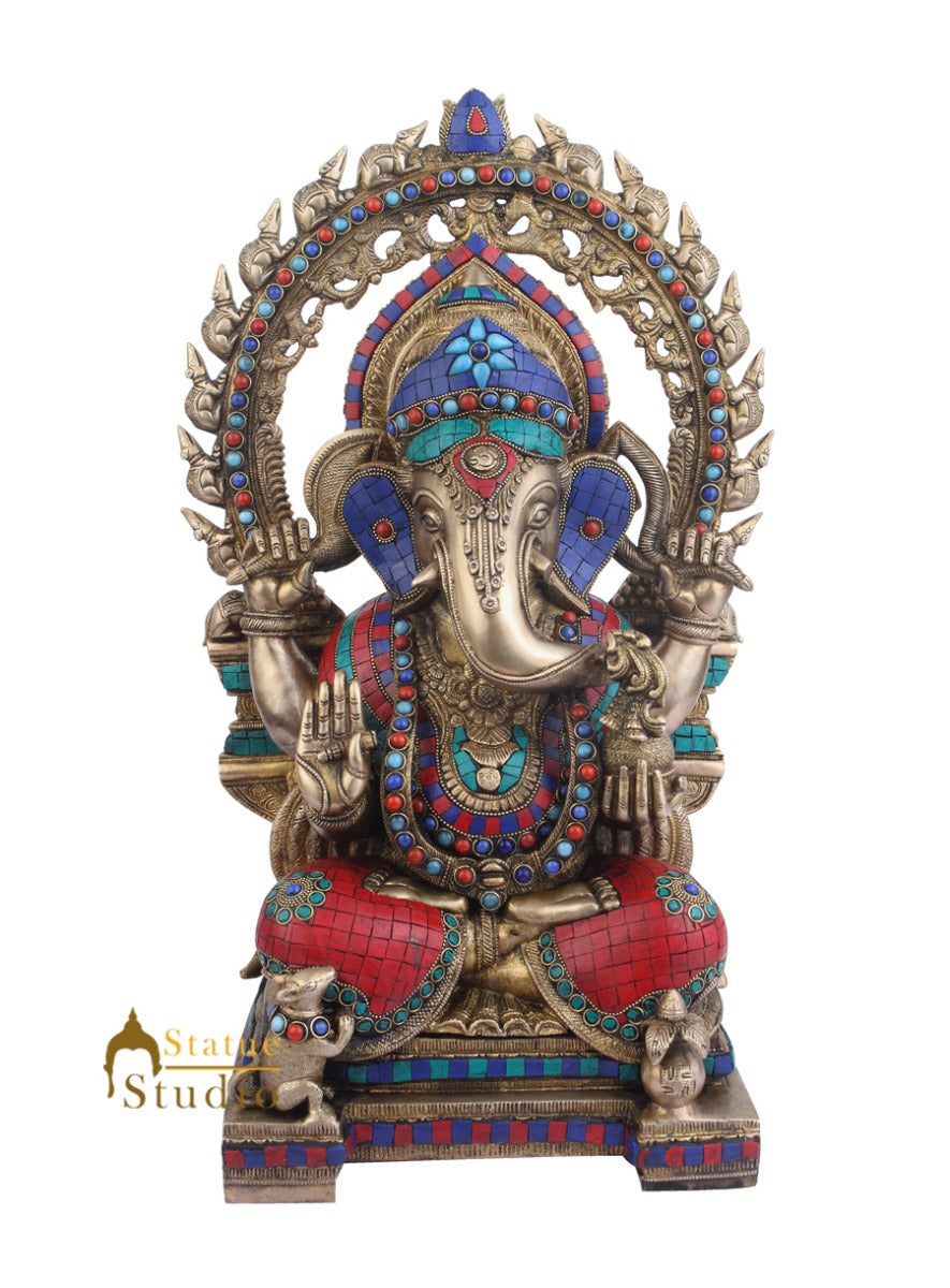 Indian Brass Vastu Décor Ganpati Large Murti Ganesh Turquoise Coral Inlay 22"