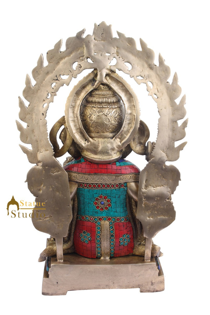 Indian Brass Vastu Décor Ganpati Large Murti Ganesh Turquoise Coral Inlay 22"