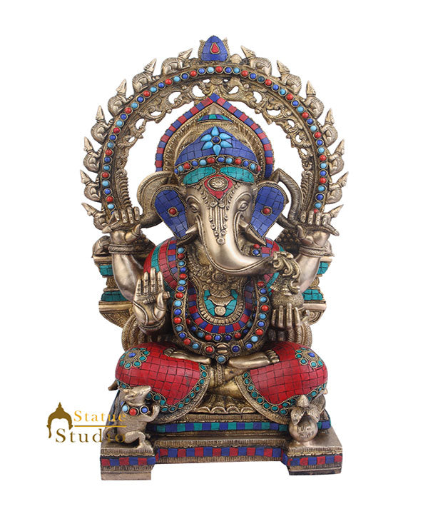 Indian Brass Vastu Décor Ganpati Large Murti Ganesh Turquoise Coral Inlay 22"