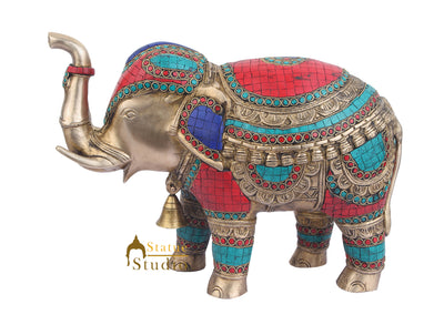 Indian Brass Animal Inlay Vastu Fengshui Home Décor Elephant Statue 11"