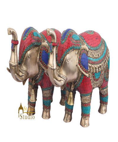 Indian Brass Animal Inlay Vastu Fengshui Home Décor Elephant Pair 11"