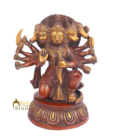 Indian Brass Hindu Deity Pawan Putra Panchmukhi Hanuman Idol For Sale 11"