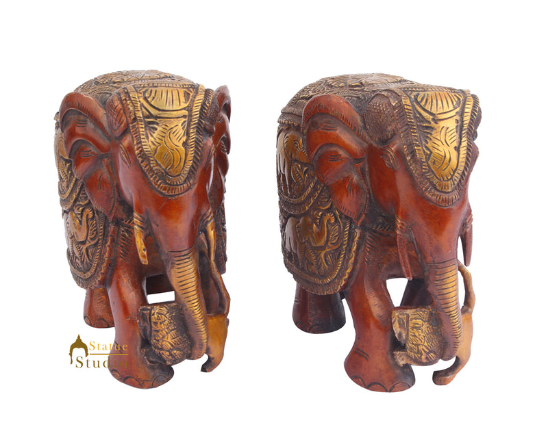 Brass Animal Handicraft Home Garden Décor Elephant Pair Sculpture 6"