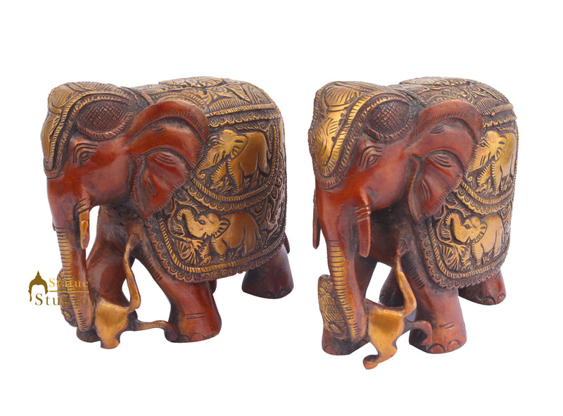 Brass Animal Handicraft Home Garden Décor Elephant Pair Sculpture 6"