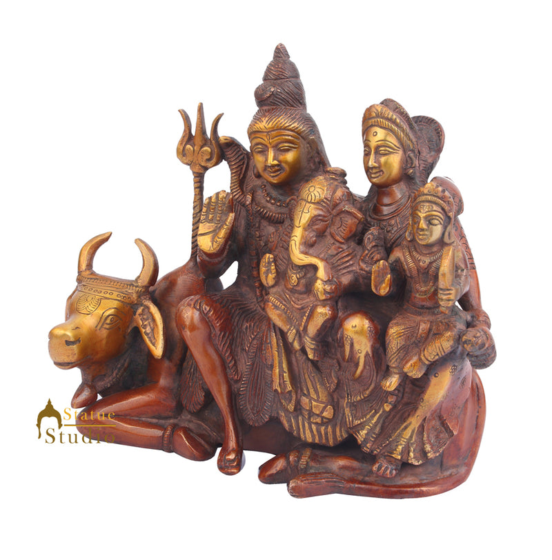 Indian Brass Hindu Lord Shiva Parivar With Parvati Ganesha Kartik Holy Cow 8"