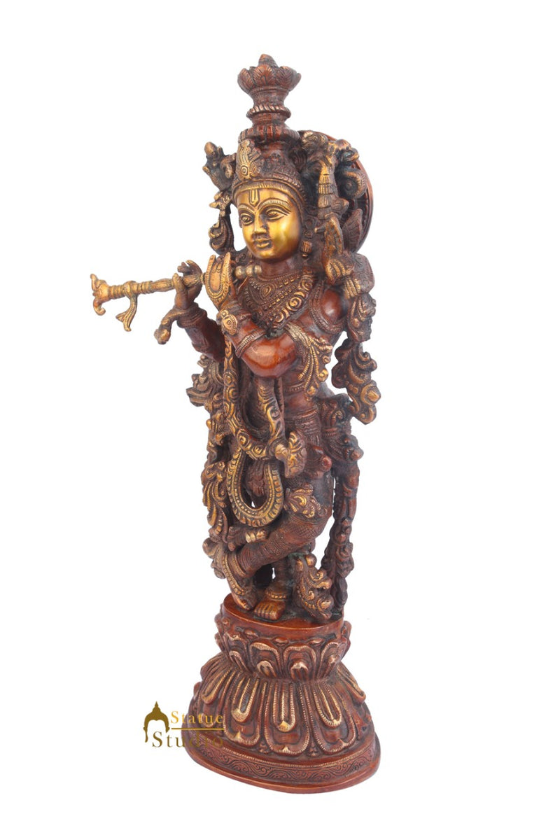 Indian God Standing Brass Krishna Gopal Murti Idol Décor Statue For Sale 21"