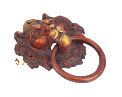 Brass Handicraft Home Decor Lion Head Design Red Door Knocker 8"