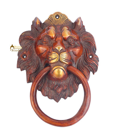 Brass Handicraft Home Decor Lion Head Design Red Door Knocker 8"