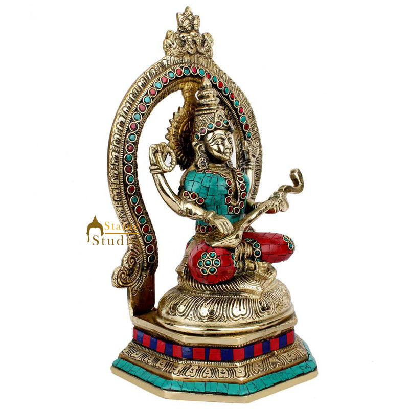 Indian Handmade Metal Goodess Of Wisdom Saraswati Murti Idol Statue Décor 11"