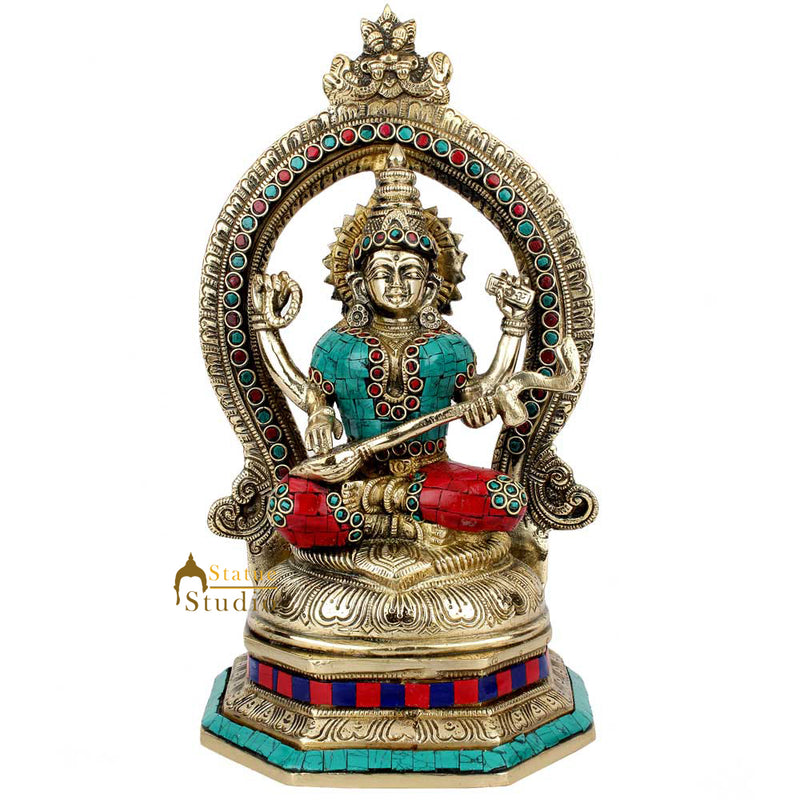 Indian Handmade Metal Goodess Of Wisdom Saraswati Murti Idol Statue Décor 11"