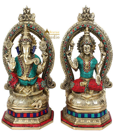 Indian Brass Hindu God Goddess Ganesh Laxmi Puja Idol Lucky Gift Statue 11"