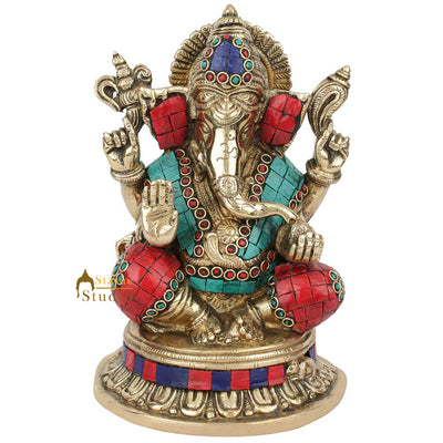 Hindu Sitting Ganesh Ganpati Colorful Inlay Murti Lucky Décor Gift Statue 8"