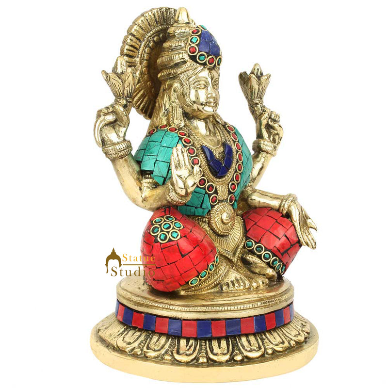Hindu Sitting Goddess laxmi Colorful Inlay Murti Lucky Décor Gift Statue 8"