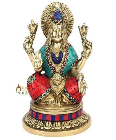 Hindu Sitting Goddess laxmi Colorful Inlay Murti Lucky Décor Gift Statue 8"