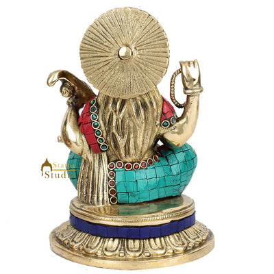 Hindu Sitting Goddess Saraswati Colorful Inlay Murti Lucky Décor Gift Statue 8"