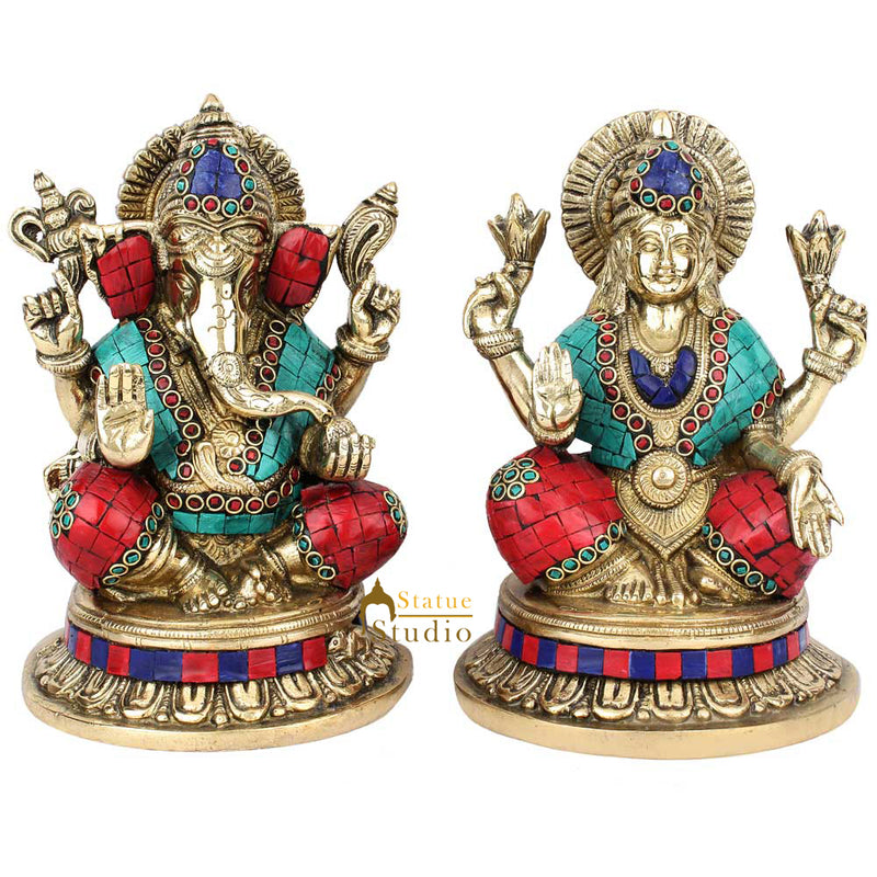 Indian Handicraft Ganesha lakshmi Murti Idol Inlay Décor Diwali Gift Statue 8"