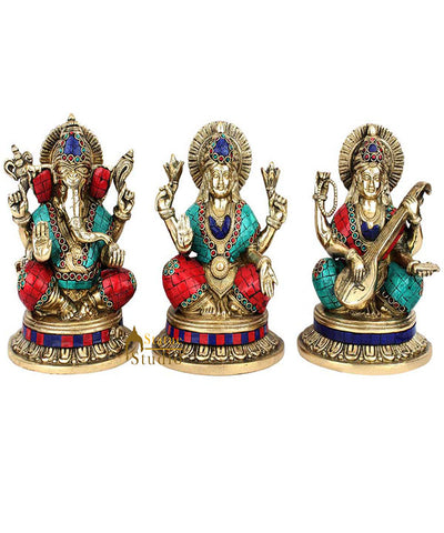Hand Crafted Fine Ganesha lakshmi Saraswati Idol Inlay Décor Gift Statue 8"