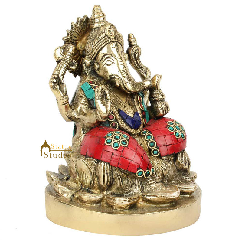 Hindu God Ganpatiji Ganeshji Sitting Lotus Base Inlay Décor Lucky Gift Statue 6"
