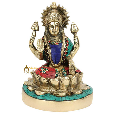Hindu Goddess Wealth Laxmi Lakshmi Lotus Base Inlay Décor Lucky Gift Statue 6"