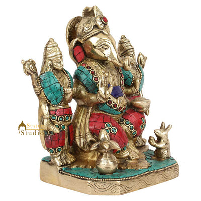 Rare Vintage Nepali Art Inlay Lord Ganesha Family Idol Statue Showpiece 7"