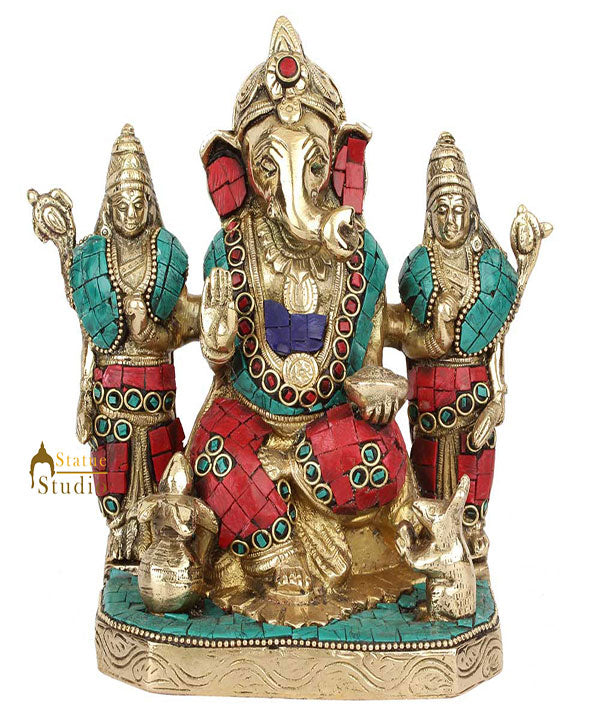 Rare Vintage Nepali Art Inlay Lord Ganesha Family Idol Statue Showpiece 7"