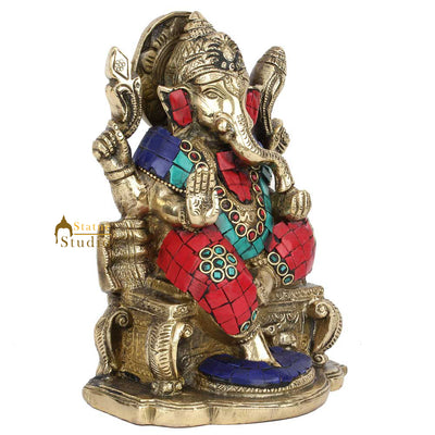 Hindu Sitting Ganesh Ganpati Colorful Inlay Murti Lucky Décor Gift Statue 7"