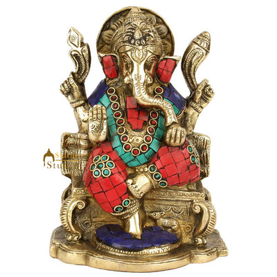 Hindu Sitting Ganesh Ganpati Colorful Inlay Murti Lucky Décor Gift Statue 7"