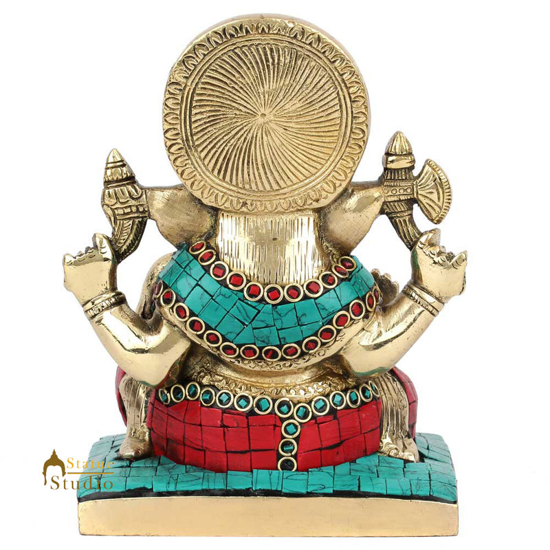 Sitting Ganpati Ganesha On Base Murti Turquoise Coral Inlay Décor Gift Statue 7"