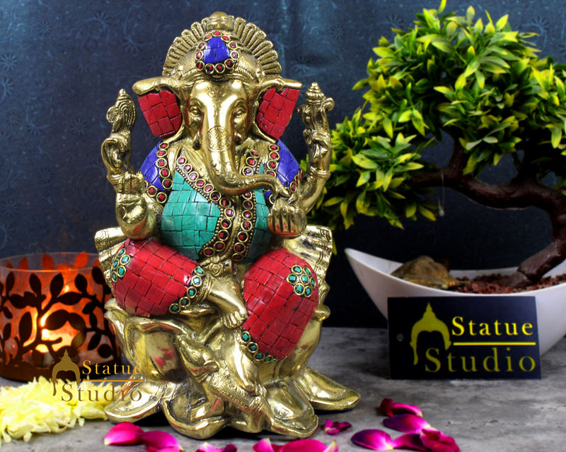 Brass Ganesh Hindu Ganpati Sculpture Fine Inlay Décor Lucky Gift Statue Idol 10"