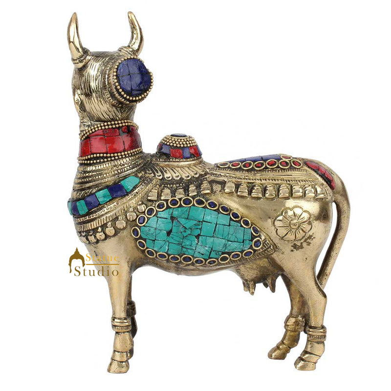 Indian Brass Hindu Lucky Feng Shui Vastu Pure Sacred Kamdhenu Cow Idol Statue 8"