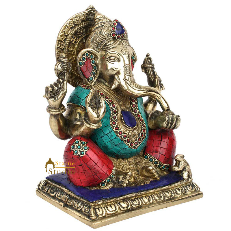 Indian Hinduism Lucky Ganpati Vinayak Lambodar Ganesh Idol Décor Inlay Statue 9"