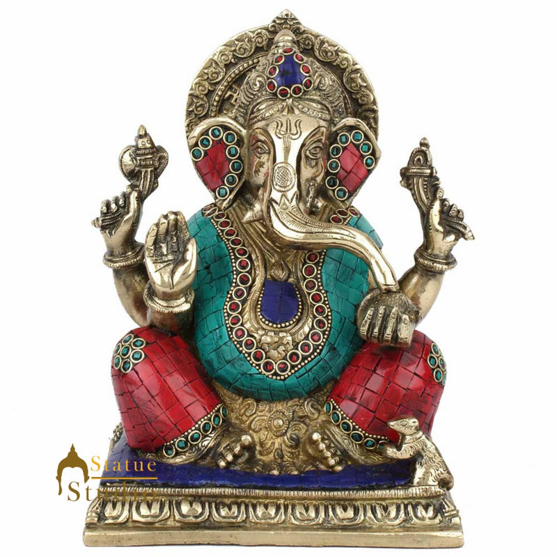 Indian Hinduism Lucky Ganpati Vinayak Lambodar Ganesh Idol Décor Inlay Statue 9"