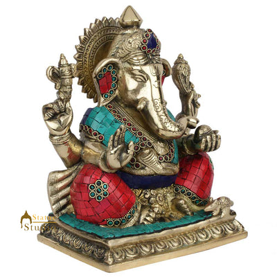 Indian Hindu Lucky Ganpati Vinayak Lambodar Ganesh Idol Décor Inlay Statue 10"