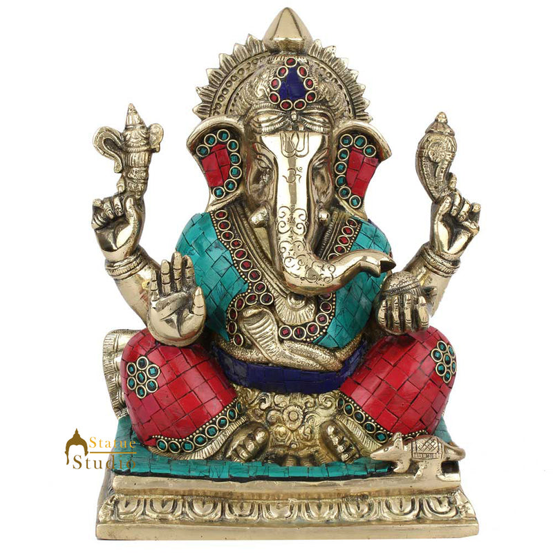 Indian Hindu Lucky Ganpati Vinayak Lambodar Ganesh Idol Décor Inlay Statue 10"