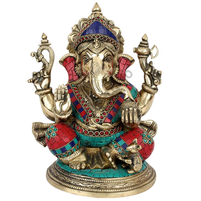Indian Hindu Lucky Ganpati Vinayak Lambodar Ganesh Idol Décor Inlay Statue 12"