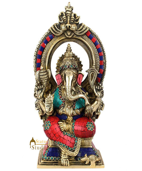 Indian Elephant God Ganesha Ganpati Vinayak Murti Idol Inlay Décor Statue 12"
