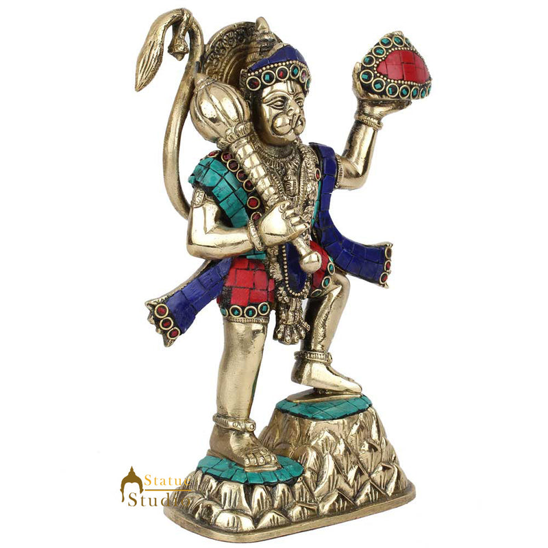Indian Mahabali Hanuman Carrying Mountain Fine Inlay Work Idol Statue 9"