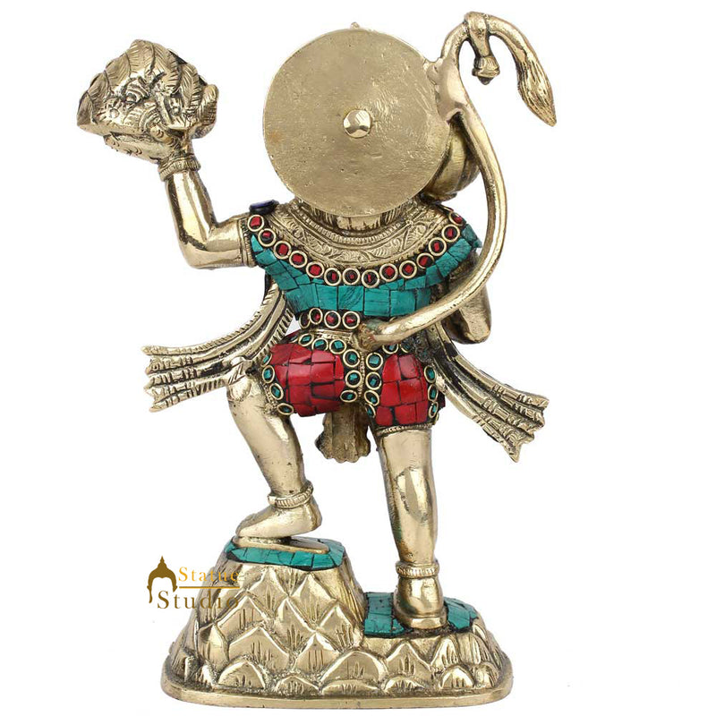 Indian Mahabali Hanuman Carrying Mountain Fine Inlay Work Idol Statue 9"