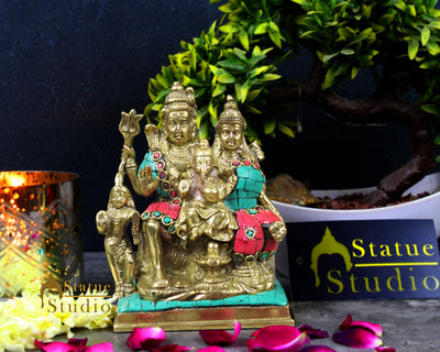 Brass Indian Handmade Lord Shiva Parivar Statue Inlay Idol Murti Décor Statue 6"