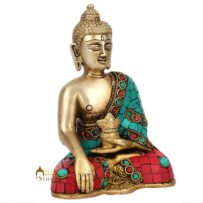 Buddhist Lord Buddha Sitting Turquoise Coral Inlay Décor Gift Statue Idol 6"